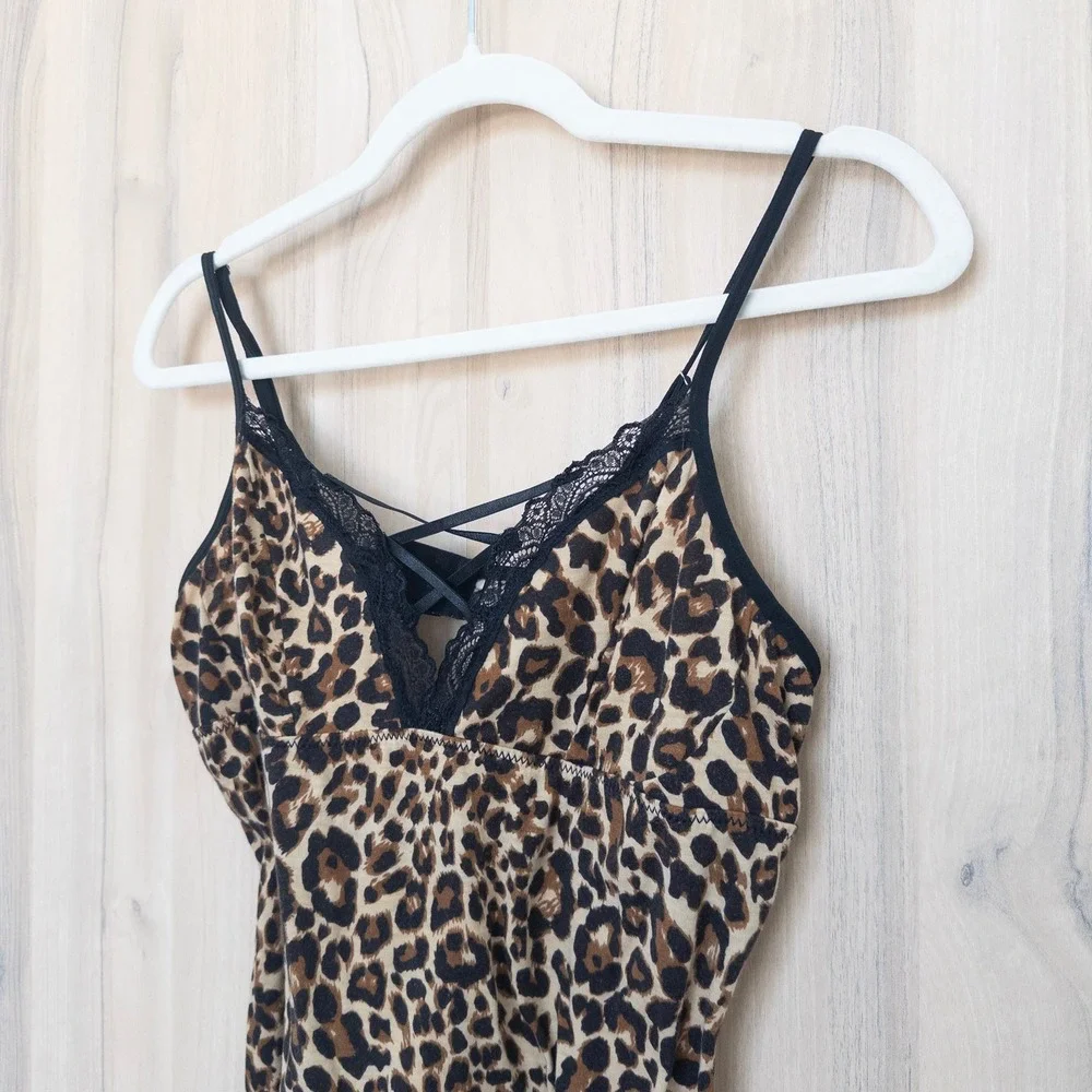 Womens Leopard Lace Trim Cami Top XL Brown Strappy Stretch Y2K Mob Wife Coquette
